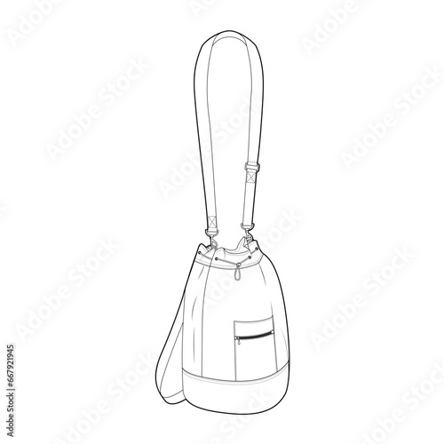 Drawstring Cross-Body Bag with oversized shape and adjustable features, removable strap options. Fashion accessory technical illustration. Vector satchel for Men, women style, flat handbag CAD mockup