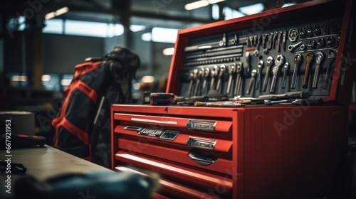 A Selective focus of mechanic's toolbox with tools in drawers, blurred background, auto mechanic in workshop. photo
