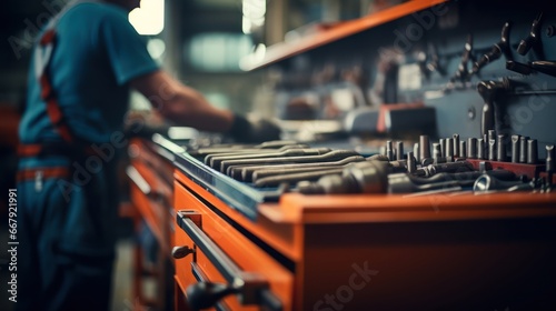 A Selective focus of mechanic's toolbox with tools in drawers, blurred background, auto mechanic in workshop.