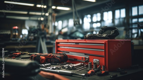 A Selective focus of mechanic's toolbox with tools in drawers, blurred background, auto mechanic in workshop. © Phoophinyo
