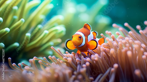 a clown fish swimming in a sea anemone. © LomaPari2021