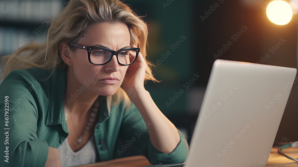 Stressed middle-aged businesswoman at her desk.generative ai
