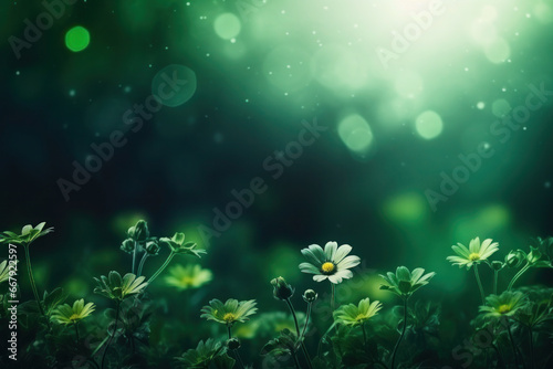 dark texture of green and black colors. flowers in the meadow with background blur and bokeh. place for text
