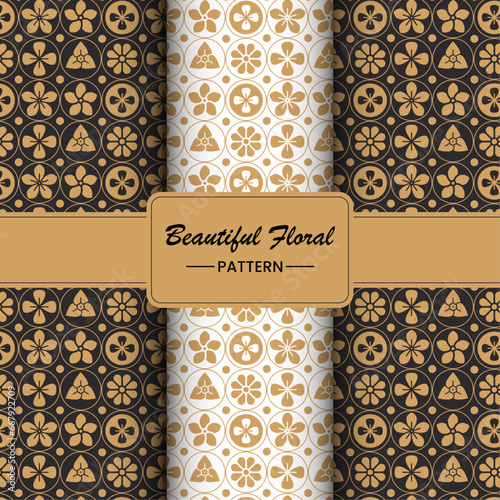 Golden vector seamless pattern with shapes and floral silhouettes. Luxury modern white and gold background with halftone effect, randomly scattered shapes Simple texture. Trendy design