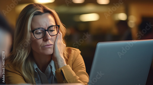 Stressed middle-aged businesswoman at her desk.