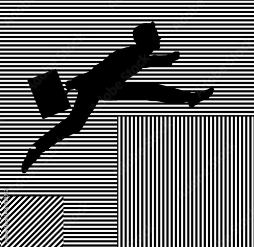 A business man with his briefcase leaps up from one level to the next in a graphic silhouette 3-d illustration about getting ahead in business.