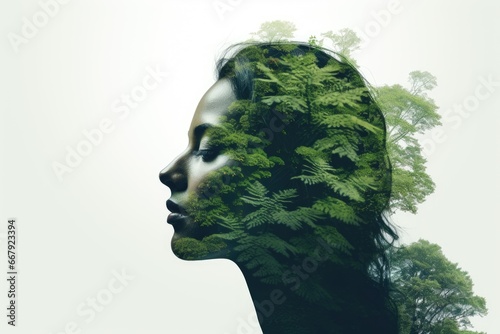 Double exposure of a young beautiful girl among a green forest. Portrait of a woman in profile, creativity, art, conceptual illustration. Isolated on white background © InfiniteStudio