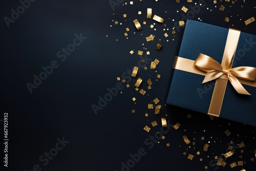 dark blue gift box with golden ribbon on dark blue background, top view, copy space for mockup © InfiniteStudio
