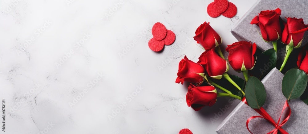 Top view of a Valentine s Day card with red roses gift box and space for greetings on a table Top view of a Valentine s Day card with red roses gift box and space for greetings on a table