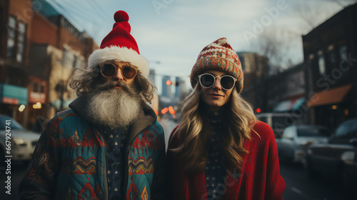 Couple dressed in festive clothing - mountain town - holiday - vacation - getaway