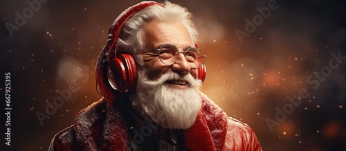 Santa Claus enjoys listening to music with headphones during Christmas time