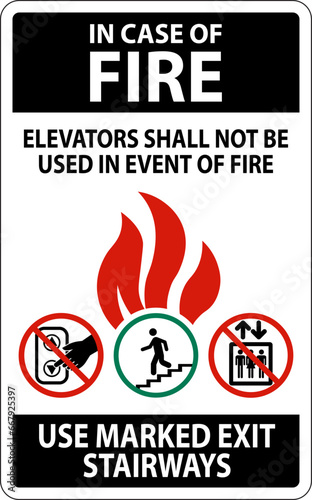 In Case Of Fire Sign: Elevators Shall Not Be Used In Event Of Fire, Use Marked Exit Stairways