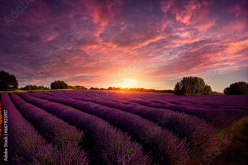 Purple lavender fields at sunset, beautiful summer landscape with violet flowers at countryside