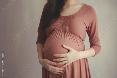 Image of pregnant woman touching her belly with hands photo