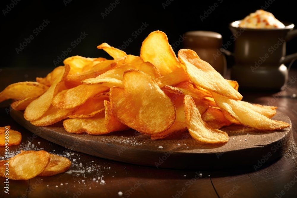 Homemade potato chips with sea salt and herb on wooden cutting board - obrazy, fototapety, plakaty 