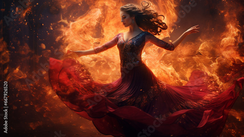 A girl performs a fiery flamenco dance, her movements echoing the passionate intensity of Spanish tradition amidst swirling flames.