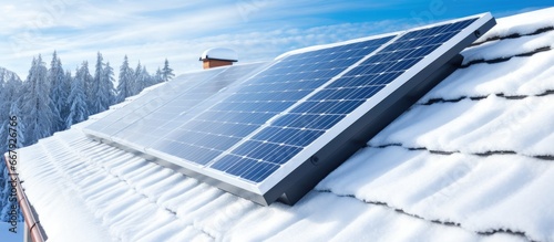 Foto Snow covered solar panels in winter producing alternative energy in cold weather