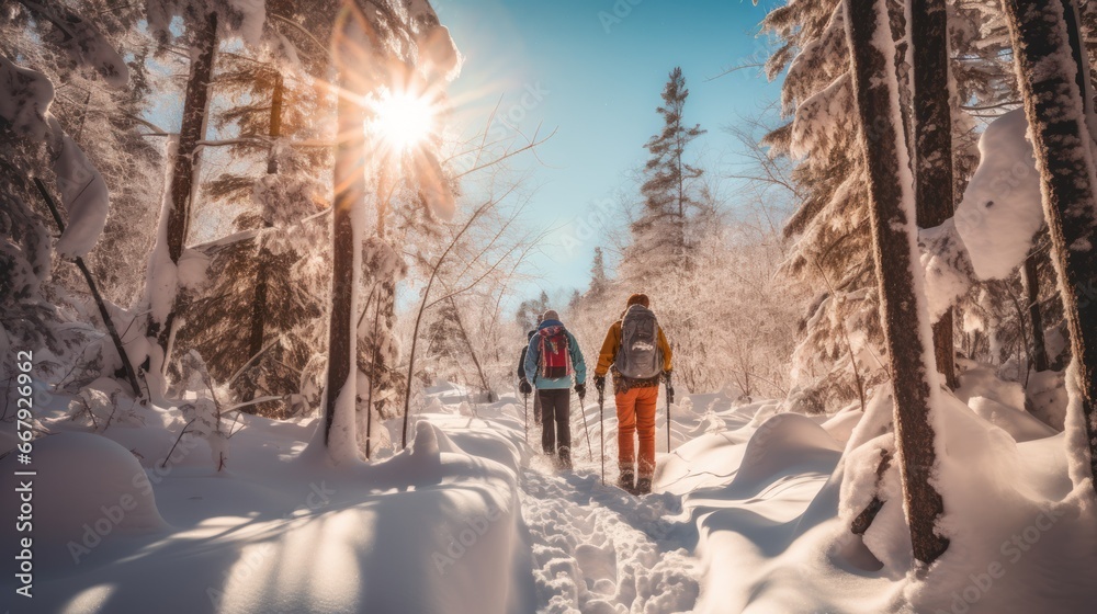Adventurous souls snowshoeing through enchanted forest trails