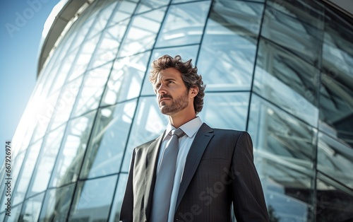 Portrait of successful businessman standing in front of a modern office building