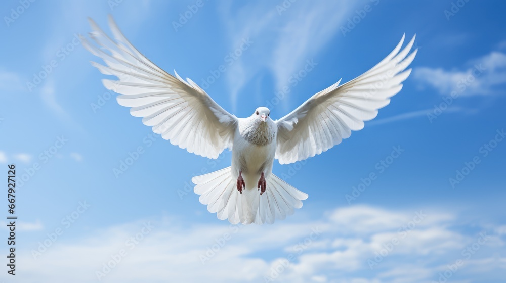 A graceful dove soaring against a clear and serene blue sky A graceful dove soaring against a clear and serene blue sky