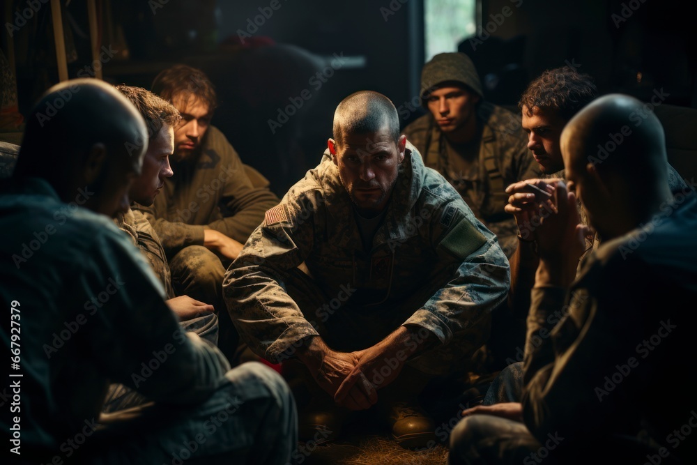 Scene of a support group for veterans dealing with post-traumatic stress disorder