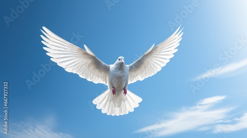 A graceful dove soaring against a clear and serene blue sky