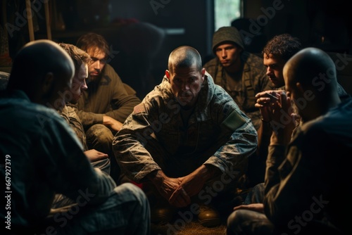 Scene of a support group for veterans dealing with post-traumatic stress disorder