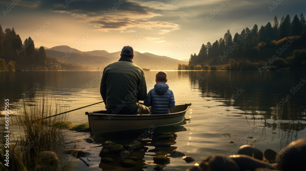 A tranquil fishing journey between father and child A tranquil fishing journey between father and child