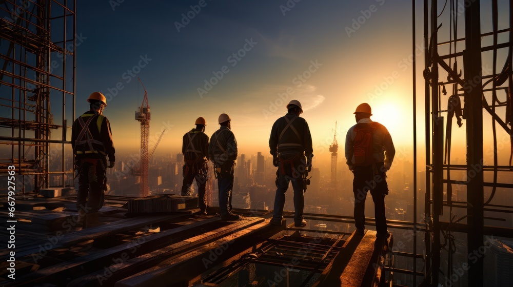 Brave workers performing construction work at dizzying heights - obrazy, fototapety, plakaty 
