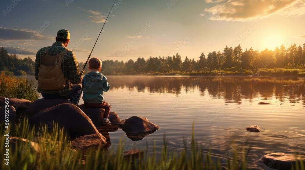 A tranquil fishing journey between father and child - obrazy, fototapety, plakaty 