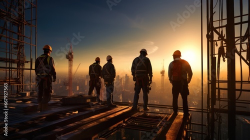 Brave workers performing construction work at dizzying heights photo