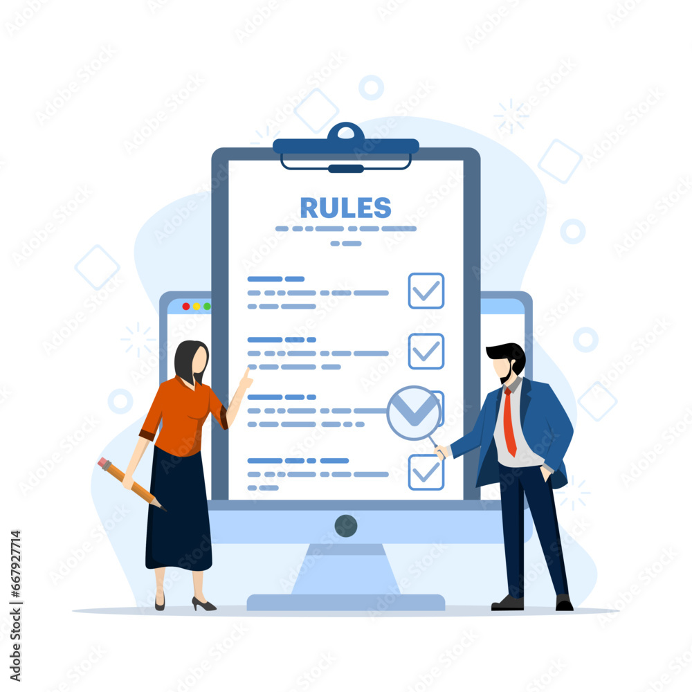 Concept of business rules, planning, regulation, compliance, startup company, business strategy. Business people studying list of rules, reading guide, making checklist. company laws and regulations. Concept of business rules, planning, regulation, compliance, startup company, business strategy. Business people studying list of rules, reading guide, making checklist. company laws and regulations.