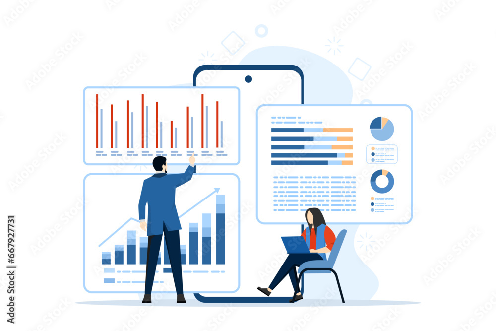 accounting or finance concepts, business plans and budgets, analyst, accountant, economics, accounting, consulting, tax forms, tax filing, audit services, business strategy. flat abstract illustration - obrazy, fototapety, plakaty 