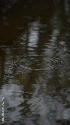 vertical video of drops falling on water, on a rainy day. Water reflection in water