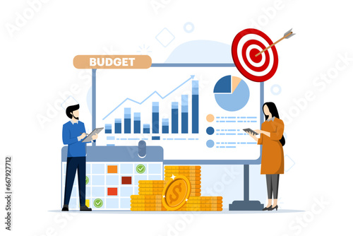 Concept of budget business strategy, finance and accounting, budget calculations, economics and investment, business analysis. Growth strategy or financial goals. flat design vector illustration.