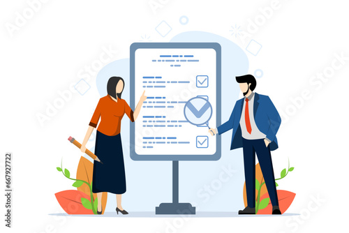 Concept of work rules, regulations, checklists, documents and agreements, business strategy. Business people studying list of rules, reading guide, making checklist. company laws and regulations.