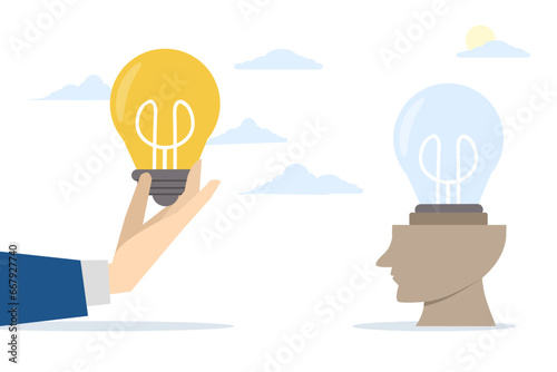 human head with dead light bulb. Mentor's hand gives new ideas. Concept of brainstorming, improvement of thinking. Guidance, business coach helps startup development, idea pitching. vector.