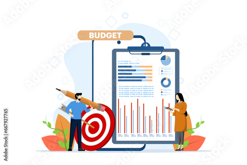 Concept of budget business strategy, finance and accounting, budget calculations, economics and investment, business analysis. Growth strategy or financial goals. flat design vector illustration.