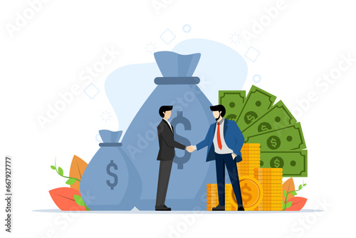 Salary negotiation concept, business people shaking hands with money after finalizing a deal, discussion about salary increase or wage and benefits agreement, business deal.