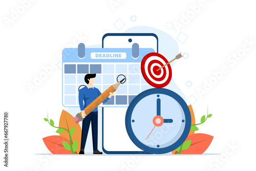 Time management concept of schedule, deadline, planner, planning and organization, man organizes workflow and makes daily to-do list, marking dates or tasks on calendar, time management scene. © FAHMI