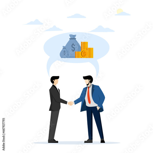 Teamwork for income and salary growth, increasing investment or savings, increasing currency value, cooperation for financial and economic stability, male handshake under speech bubble with wealth.