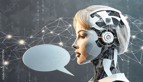 Abstract head of the humanoid robot android with talk bubble speech in futuristic low poly wireframe style. Close-up side view of asexual bot or cyborg. Chatbot and Artificial intelligence