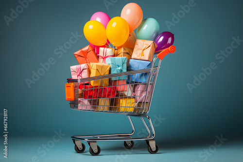 Shopping cart filled with variety color of gift boxes