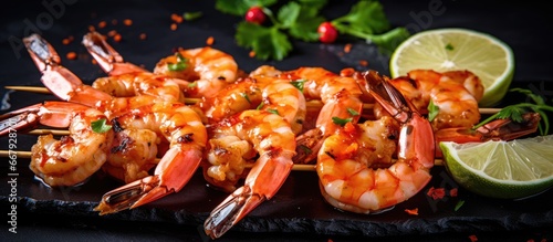 Skewered shrimp with lime and sauce
