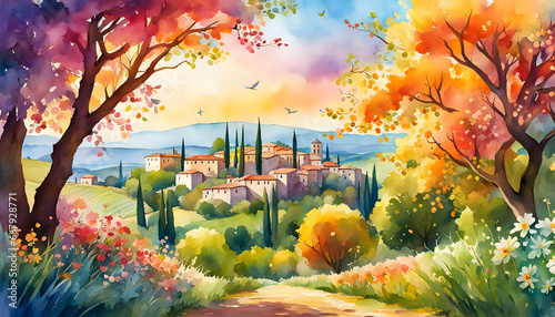watercolor illustration of a landscape with flowers, branches, trees, river and birds against the sky © Perecciv