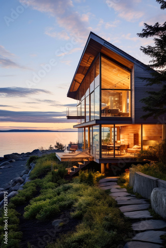 Scandinavian style modern house on the ocean beach photo