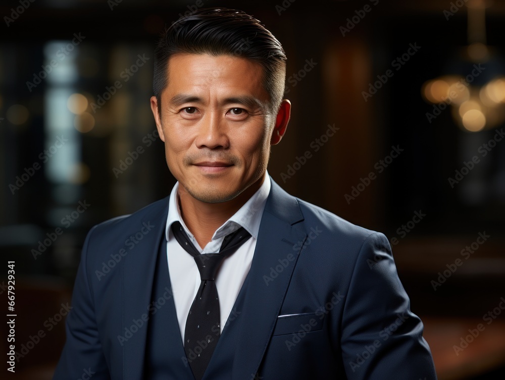 A poised middle-aged man with slicked-back hair wearing a sharp blue suit, white shirt, and black tie, poses against a dimly lit room with a modern ambiance. A poised middle-aged man with slicked-back hair wearing a sharp blue suit, white shirt, and black tie, poses against a dimly lit room with a modern ambiance.