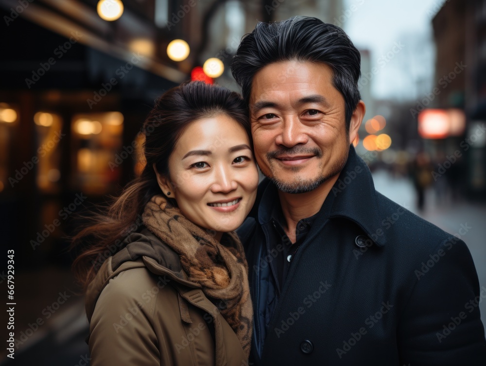 A cheerful couple stands close on a city street during evening hours. The woman, wearing a brown scarf and green jacket, smiles brightly, while the man dons a dark coat with a gentle grin. A cheerful couple stands close on a city street during evening hours. The woman, wearing a brown scarf and green jacket, smiles brightly, while the man dons a dark coat with a gentle grin.
