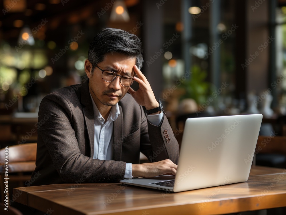 An Asian man in glasses, sitting in a well-lit cafe, looks contemplative as he types on his laptop, concerns, issues, problems, An Asian man in glasses, sitting in a well-lit cafe, looks contemplative as he types on his laptop, concerns, issues, problems,