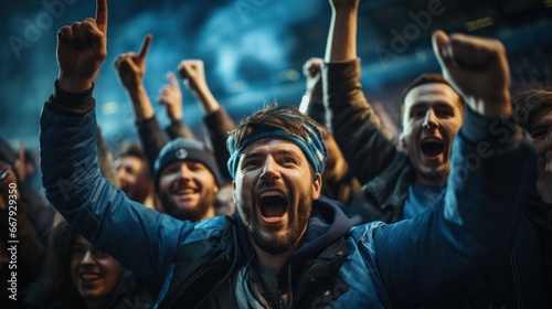excitement and exhilaration of a crowd, possibly at a sports event or concert. The focus is on the central figure with a blue headband who appears jubilant, surrounded by equally ecstatic attendees